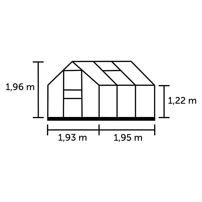 Halls Gewächshaus Popular 66 - Außenmaß inkl. Dachüberstand (B x T): 193 x 195 cm, Material Seitenwand: Kunststoff, 4 mm, Silbergrau - Abbildung eines Gewächshauses mit den Maßen 1,96 m Höhe, 1,93 m + 1,95 m Breite und 1,22 m Seitenhöhe.