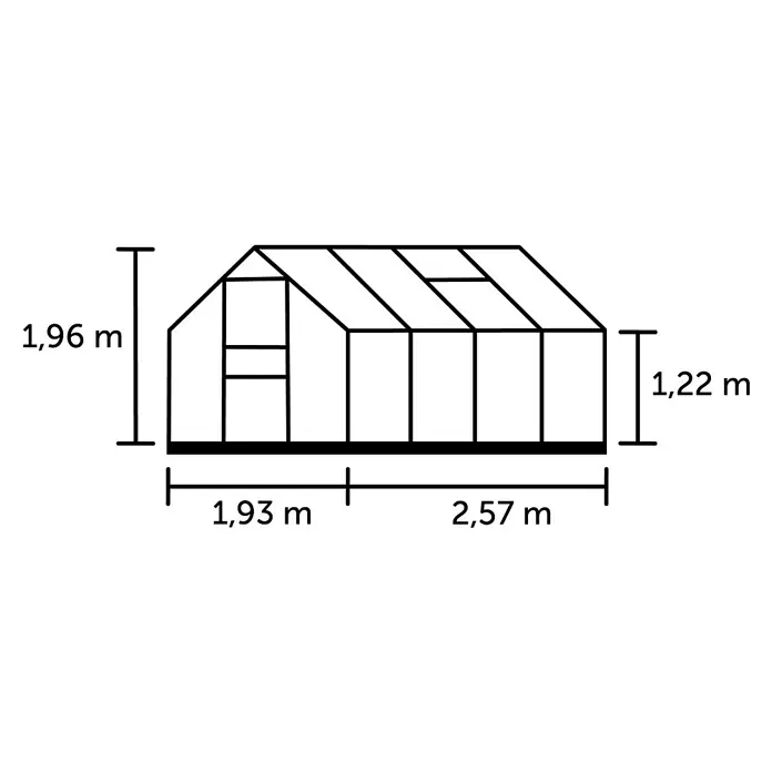 Halls Gewächshaus Popular 86 - Außenmaß inkl. Dachüberstand (B x T): 193 x 257 cm, Material Seitenwand: Kunststoff, 4 mm, Silbergrau - Abbildung eines Gewächshauses mit Höhen- und Längenangaben. Das Gewächshaus hat eine Höhe von 1,96 m und eine Länge von 4,5 m.