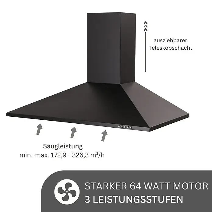 Respekta Kaminhaube Karena - Breite: 90 cm, Max. Gebläseleistung Abluftbetrieb: 326,3 m³/h, Schwarz - Abzugshaube mit Teleskopschacht, starkem 64-Watt-Motor und drei Leistungsstufen für effiziente Küchenbelüftung.