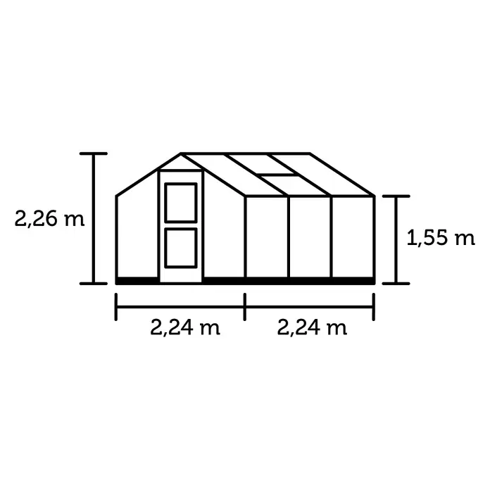 Juliana Gewächshaus Compact - Außenmaß inkl. Dachüberstand (B x T): 224 x 224 cm, Material Seitenwand: Glas, 3 mm, Schwarz - Gewächshaus-Illustration mit Maßen: Gesamthöhe 2,26m, Seitenhöhe 1,55m, Gesamtlänge 4,48m (zwei 2,24m Abschnitte).