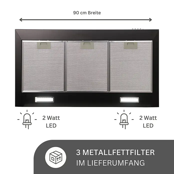 Respekta Kaminhaube Karena - Breite: 90 cm, Max. Gebläseleistung Abluftbetrieb: 326,3 m³/h, Schwarz - Abzugshaube mit 90 cm Breite, LED-Beleuchtung und 3 Metallfettfiltern im Lieferumfang enthalten.