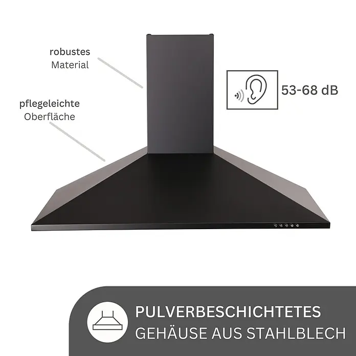 Respekta Kaminhaube Karena - Breite: 90 cm, Max. Gebläseleistung Abluftbetrieb: 326,3 m³/h, Schwarz - Abbildung einer schwarzen Dunstabzugshaube, die für ihre robuste Bauweise und pflegeleichte Oberfläche bekannt ist.