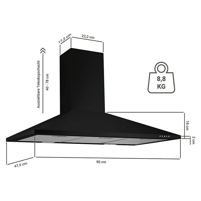 Respekta Kaminhaube Karena (Breite: 90 cm, Max. Gebläseleistung Abluftbetrieb: 326,3 m³/h, Schwarz) | BAUHAUS