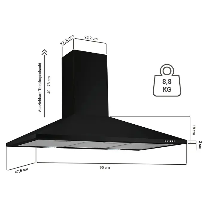 Respekta Kaminhaube Karena - Breite: 90 cm, Max. Gebläseleistung Abluftbetrieb: 326,3 m³/h, Schwarz - Abbildung einer schwarzen Dunstabzugshaube mit Maßangaben zu Höhe, Breite und Tiefe. Die Teleskopschacht ist ausziehbar von 40-78cm und wiegt 8,8kg.