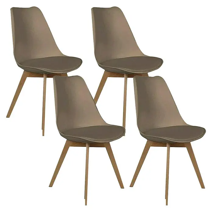 Home Deco Factory Silla Copenhague - Marrón, 4 pzs. - Cuatro modernas sillas de comedor con asientos beige y estructura de madera clara sobre un fondo negro.