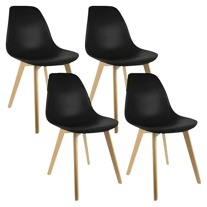 Home Deco Factory Silla Stockholm - Negro, 4 pzs. - Cuatro sillas de carcasa negra con patas de madera clara en un diseño moderno, ideal para comedor o cocina.