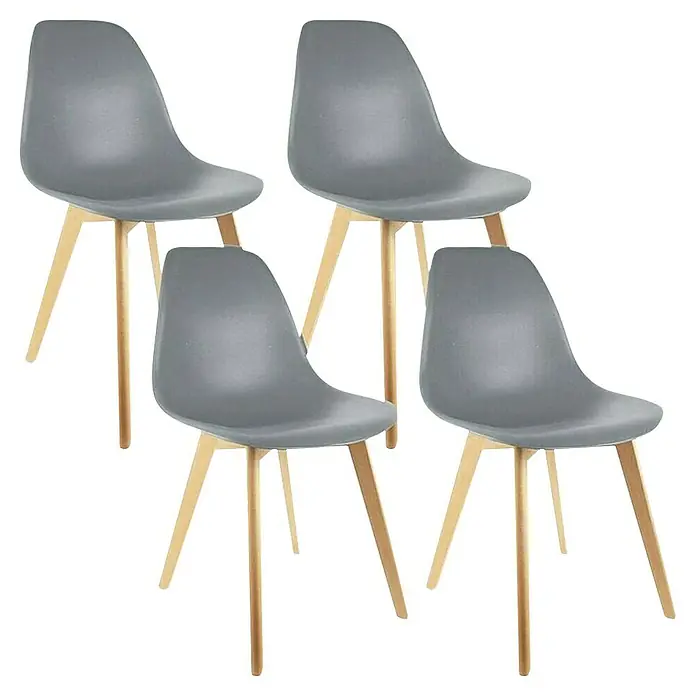 Home Deco Factory Silla Stockholm - Gris, 4 pzs. - Cuatro modernas sillas de comedor grises con patas de madera clara. Estas sillas ofrecen una opción de asiento elegante y cómoda.