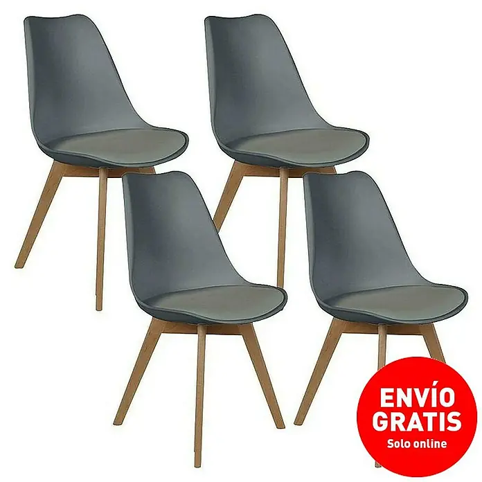 Home Deco Factory Silla Copenhague - Gris, 4 pzs. - Un conjunto de cuatro sillas grises elegantes con patas de madera, perfectas para el comedor o la cocina. Diseño moderno para tu hogar.