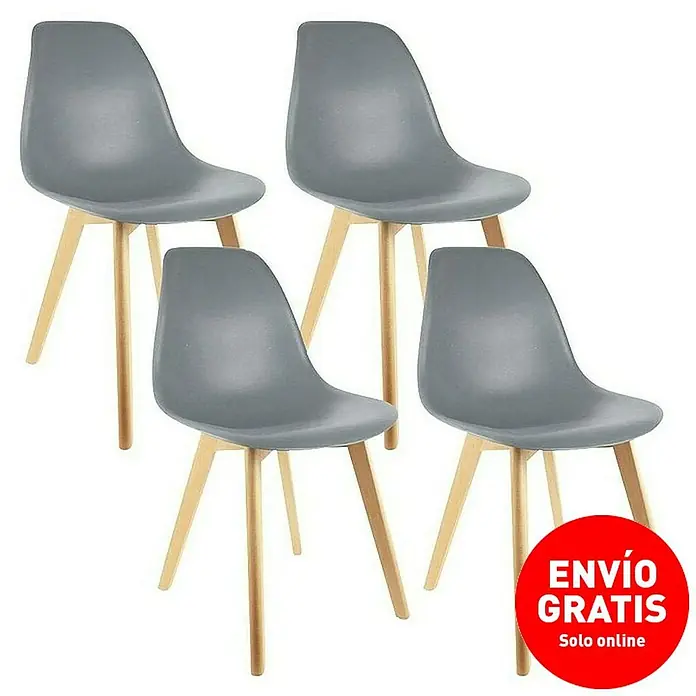 Home Deco Factory Silla Stockholm - Gris, 4 pzs. - Sillas grises con patas de madera, un elegante juego de muebles para comedor u oficina. Estética moderna y asiento cómodo.
