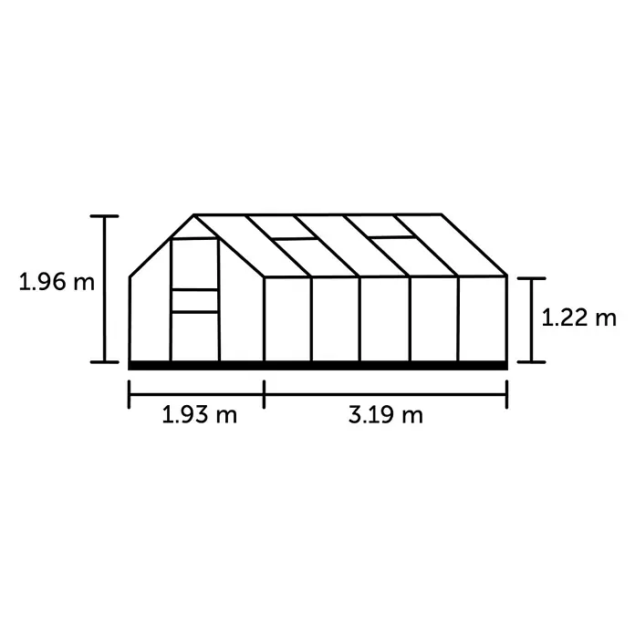 Halls Gewächshaus Popular 106 - Außenmaß inkl. Dachüberstand (B x T): 193 x 319 cm, Material Seitenwand: Kunststoff, 4 mm, Silbergrau - Darstellung eines Gewächshauses mit Messangaben zu Höhe und Breite. Ideal für Gartenprojekte mit den Maßen 1,96 m Höhe und 5,12 m Breite.