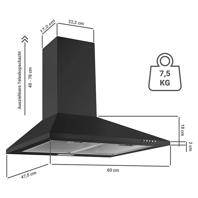 Respekta Kaminhaube Karena (Breite: 60 cm, Max. Gebläseleistung Abluftbetrieb: 308,8 m³/h, Schwarz) | BAUHAUS