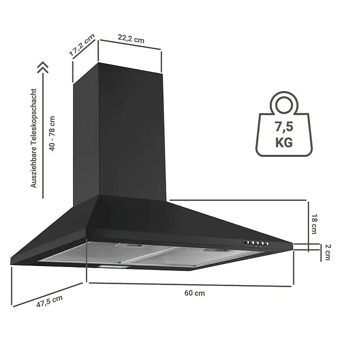 Respekta Kaminhaube Karena - Breite: 60 cm, Max. Gebläseleistung Abluftbetrieb: 308,8 m³/h, Schwarz - Abbildung einer schwarzen Dunstabzugshaube mit Maßangaben zu Höhe, Breite und Tiefe, sowie Angaben zum Gewicht und zur Teleskopierbarkeit.