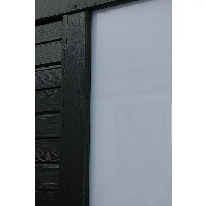Andrewex Sichtschutzelement Duo - 180 x 180 cm, Anthrazit - Detailaufnahme eines Fensterrahmens mit schwarzer Holzverkleidung und einer weißen Fläche, die einen modernen und schlichten Look erzeugt.