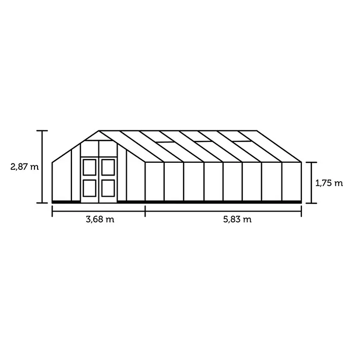 Juliana Gewächshaus Gärtner - Außenmaß inkl. Dachüberstand (B x T): 368 x 583 cm, Material Seitenwand: Kunststoff, 10 mm, Anthrazit/Schwarz - Schemazeichnung eines Gewächshauses mit den Maßen 2,87 m Höhe, 3,68 m und 5,83 m Länge, sowie 1,75 m Höhe am Ende des Gewächshauses.
