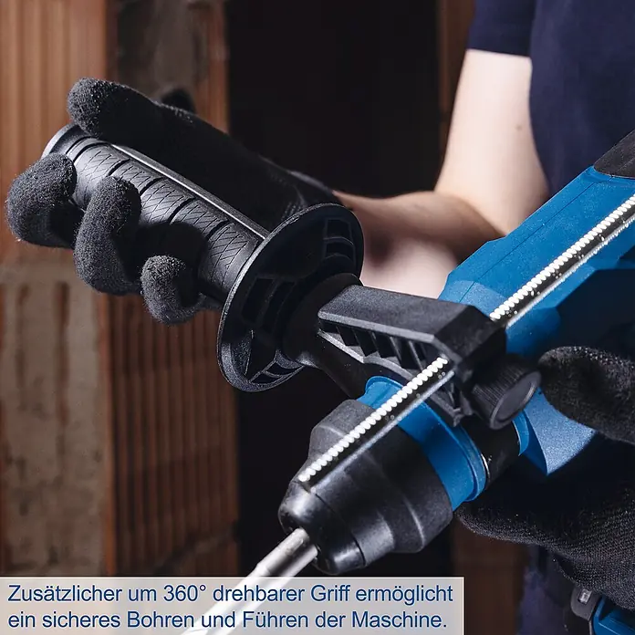 Scheppach IXES 20V Akku-Bohrhammer BC-RHD230-X - 20 V, 2,2 J, Bohrfutter/Werkzeugaufnahme Elektromaschine: SDS-Plus-Aufnahme, Max. Schlagzahl: 5.500 /min - Nahaufnahme eines Bohrhammers mit drehbarem Griff für sicheres Bohren und Führen der Maschine.