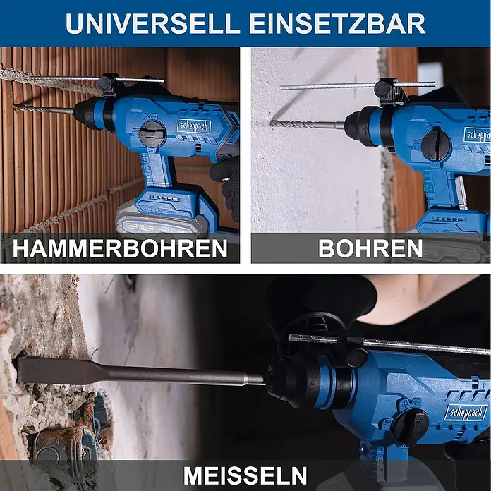 Scheppach IXES 20V Akku-Bohrhammer BC-RHD230-X - 20 V, 2,2 J, Bohrfutter/Werkzeugaufnahme Elektromaschine: SDS-Plus-Aufnahme, Max. Schlagzahl: 5.500 /min - Scheppach Universal-Bohrhammer für Hammerbohren, Bohren und Meißeln. Vielseitiges Werkzeug für verschiedene Anwendungen im Bau- und Heimwerkerbereich.