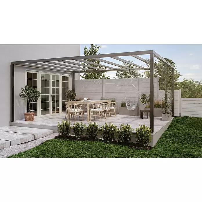 Andrewex Sichtschutzelement Faro - 90 x 180 cm, Grau - Moderne Terrasse mit dunkler Metallpergola über hellem Holzesstisch, umgeben von Pflanzgefäßen und Garten.