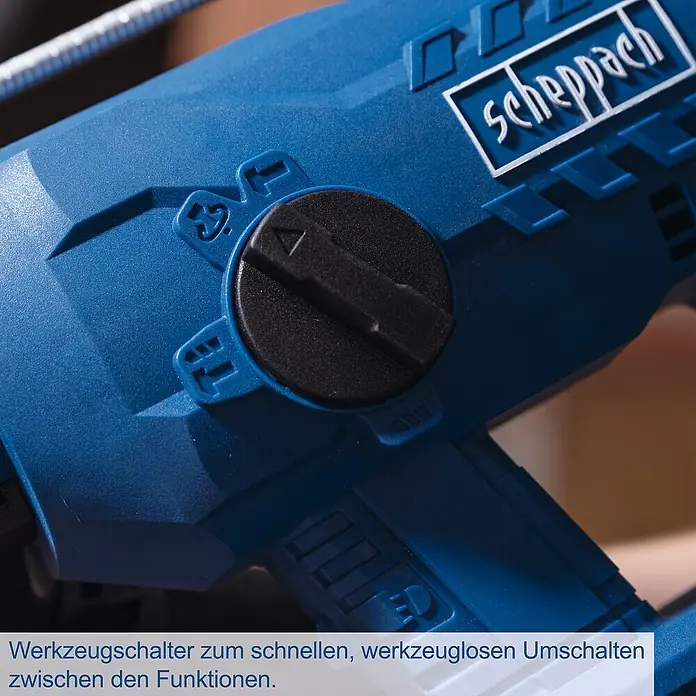 Scheppach IXES 20V Akku-Bohrhammer BC-RHD230-X - 20 V, 2,2 J, Bohrfutter/Werkzeugaufnahme Elektromaschine: SDS-Plus-Aufnahme, Max. Schlagzahl: 5.500 /min - Nahaufnahme des Werkzeugschalters einer Scheppach-Maschine zum schnellen Umschalten zwischen Funktionen.
