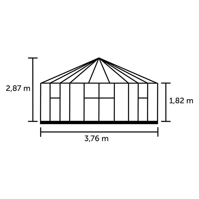 Halls Gewächshaus Atrium - Außenmaß inkl. Dachüberstand (B x T): 380 x 380 cm, Material Seitenwand: Glas, 3 mm, Grün - Darstellung eines Gewächshauses mit Maßangaben. Die Gesamthöhe beträgt 2,87 m, die Wandhöhe 1,82 m und die Breite 3,76 m.