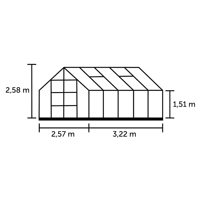 Halls Gewächshaus Magnum 108 - Außenmaß inkl. Dachüberstand (B x T): 257 x 322 cm, 3 mm, Alu, Sicherheitsglas - Abbildung eines Gewächshauses mit Maßangaben. Die Zeichnung zeigt die Dimensionen und das Design des Gewächshauses.