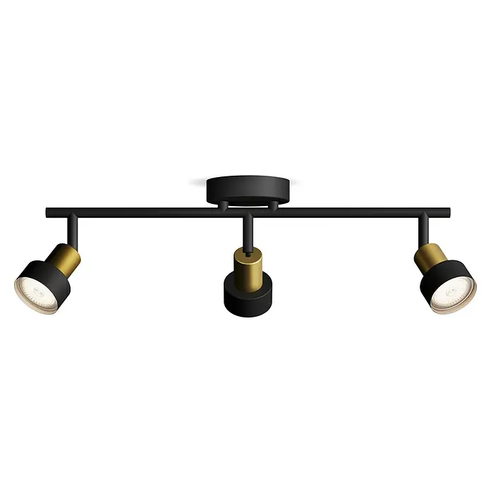 Philips Regleta Conduit - 5 W, L x An x Al: 48 x 13 x 11 cm, Negro, GU10 - Foco de techo negro y dorado de 3 luces, perfecto para iluminación moderna y diseño de habitación elegante.