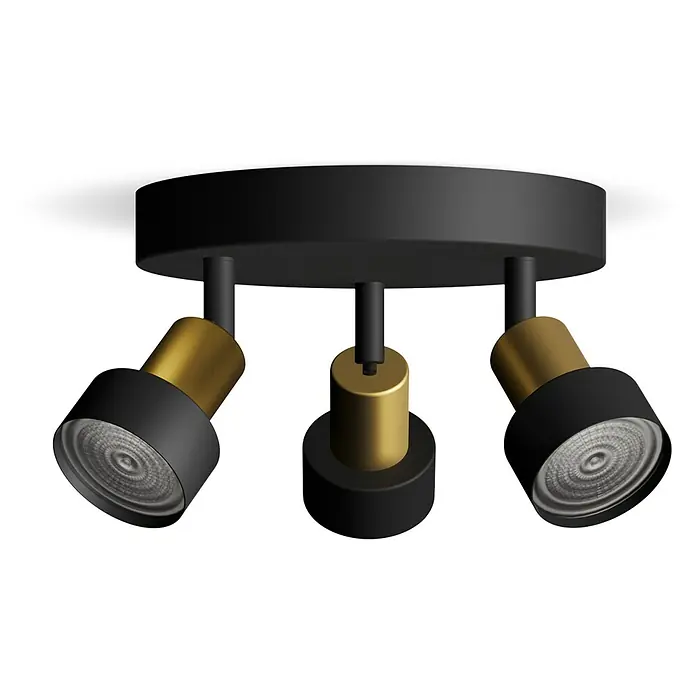 Philips Regleta Conduit - 5 W, L x An x Al: 22 x 20 x 9 cm, Negro, GU10 - Elegante lámpara de techo con tres focos. La combinación de negro y dorado le da un toque moderno. Ideal para iluminación con estilo.