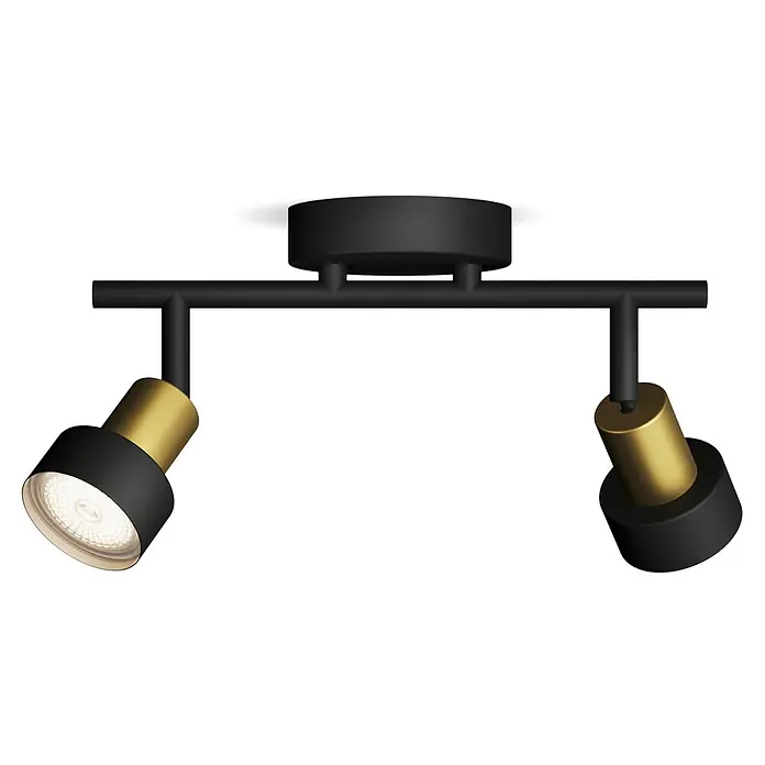 Philips Regleta Conduit - 5 W, L x An x Al: 27 x 13 x 11 cm, Negro, GU10 - Lámpara de techo negra con detalles dorados y dos focos para una iluminación enfocada. Un complemento elegante para cualquier interior.