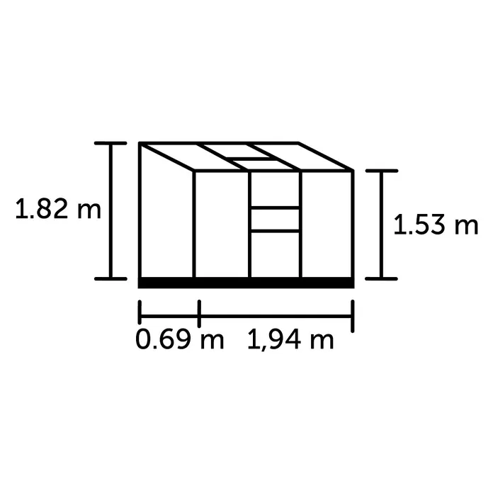Halls Gewächshaus Altan 3 - Außenmaß inkl. Dachüberstand (B x T): 193 x 68 cm, Material Seitenwand: Kunststoff, 4 mm, Silbergrau - Abbildung eines Gewächshauses mit Größenangaben. Die Maße des Gewächshauses sind gut sichtbar dargestellt.