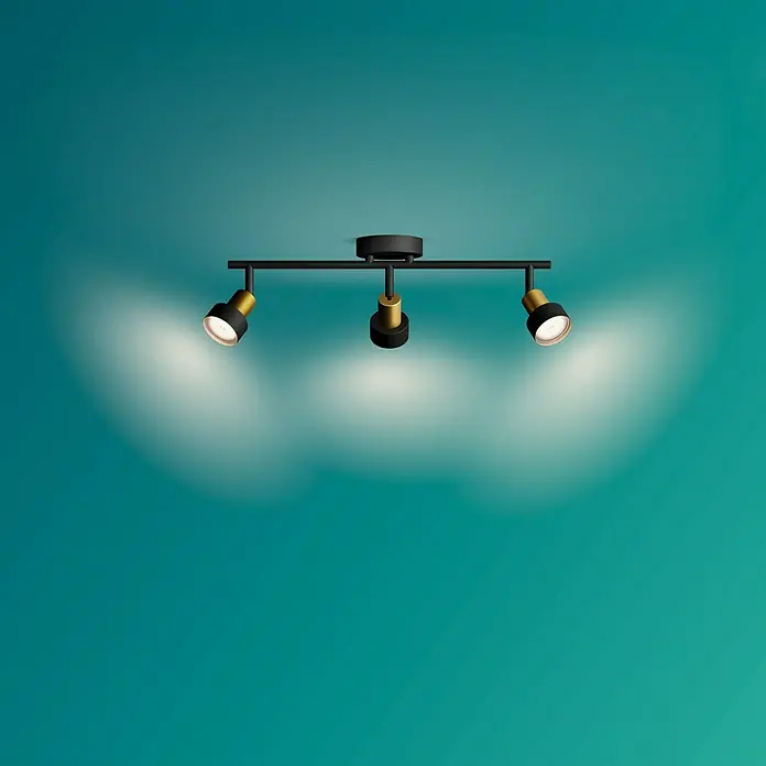 Philips Regleta Conduit - 5 W, L x An x Al: 48 x 13 x 11 cm, Negro, GU10 - Lámpara de techo con tres focos en negro y dorado. Ideal para una iluminación enfocada en cualquier habitación. Diseño elegante para un ambiente moderno.