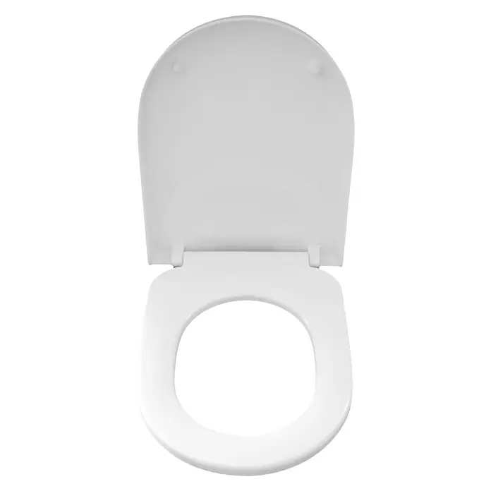 WC-Sitz Alesta/Mineral - Duroplast, Weiß, Mit Absenkautomatik - Ein weißer Toilettensitz mit Deckel, aufgenommen in einer Nahaufnahme von oben. Sanitärobjekt für das Badezimmer.