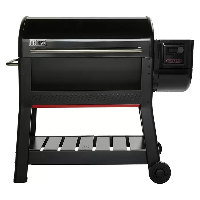 Weber Fachboden Smoque - B x T: 103 x 46,5 cm, Schwarz, Passend für: Weber Pelletsmoker Smoque XL - Schwarzer Weber Pelletgrill mit silbernem Griff, digitaler Steuerung und rotem Akzentstreifen, inklusive Ablagefläche.