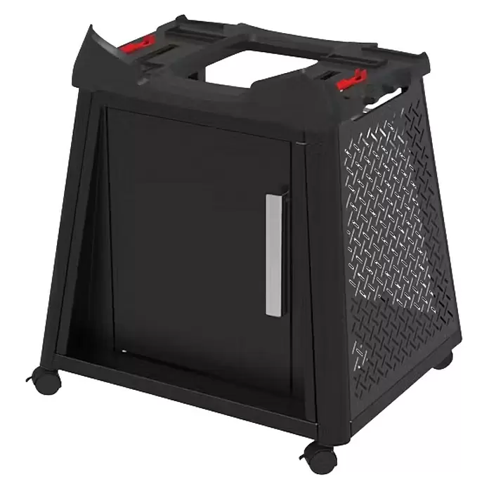 Weber Q Rollwagen Premium - Passend für: Weber Q Gasgrills, B x T x H: 73 x 61,5 x 75 cm - Schwarzer Metall-Grillwagen mit Tür, silbernem Griff, gemusterter Seite, roten Akzenten und Rollen.