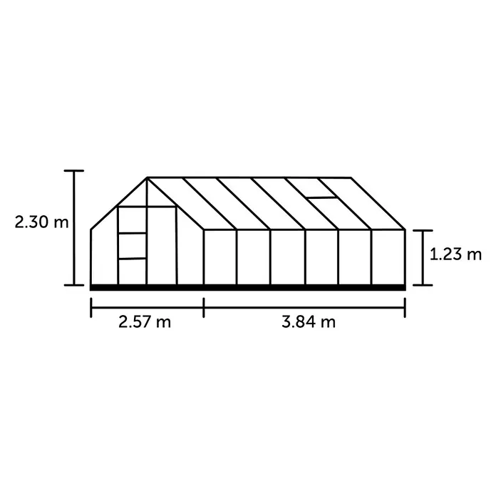 Halls Gewächshaus Universal 128 - Außenmaß inkl. Dachüberstand (B x T): 257 x 384 cm, Material Seitenwand: Kunststoff, 6 mm, Silbergrau - Schemazeichnung eines Gewächshauses mit Höhen- und Längenangaben. Die Grafik zeigt ein Modell mit Satteldach und diversen Fensteraufteilungen.