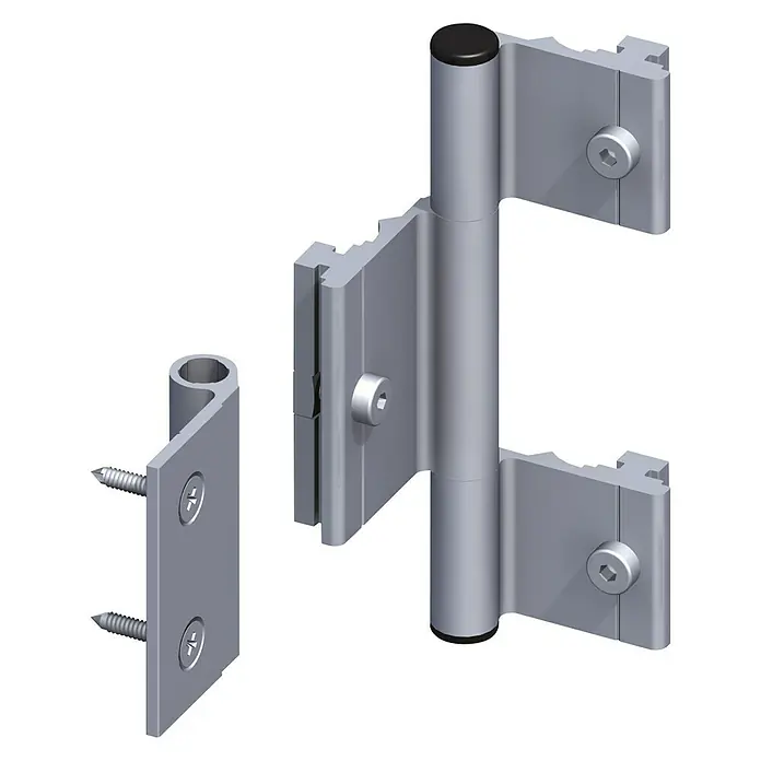 Kantoflex Coaxis Scharnier - Länge: 115 mm, Aluminium, Traglast: 40 kg, Passend für: Coaxis Profile - Produktbild eines Türbandes aus Aluminium mit Schrauben, geeignet für die Montage an Türen und Rahmen.