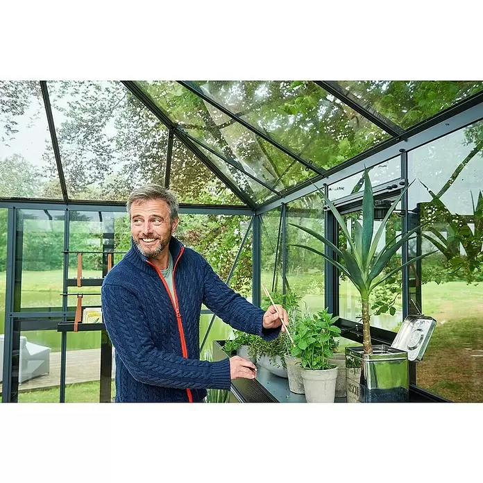 Juliana Gewächshaus Grand Oase - Außenmaß inkl. Dachüberstand (B x T): 511 x 368 cm, Material Seitenwand: Glas, 3 mm, Anthrazit - Lächelnder Mann pflegt Pflanzen in einem schwarz gerahmten Glasgewächshaus, genießt Gartenarbeit mit Blick auf die Natur.