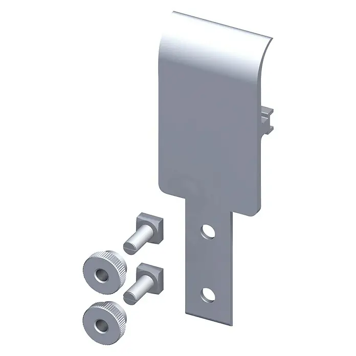 Kantoflex Coaxis Abhängungsplatte - 105 x 35,5 mm, Aluminium, Passend für: Coaxis Profile, 2 Stk. - Nahaufnahme des silbernen Abdeckungssets, das eine Metallabdeckung und zwei Rändelschrauben für die Befestigung von Geräten umfasst.