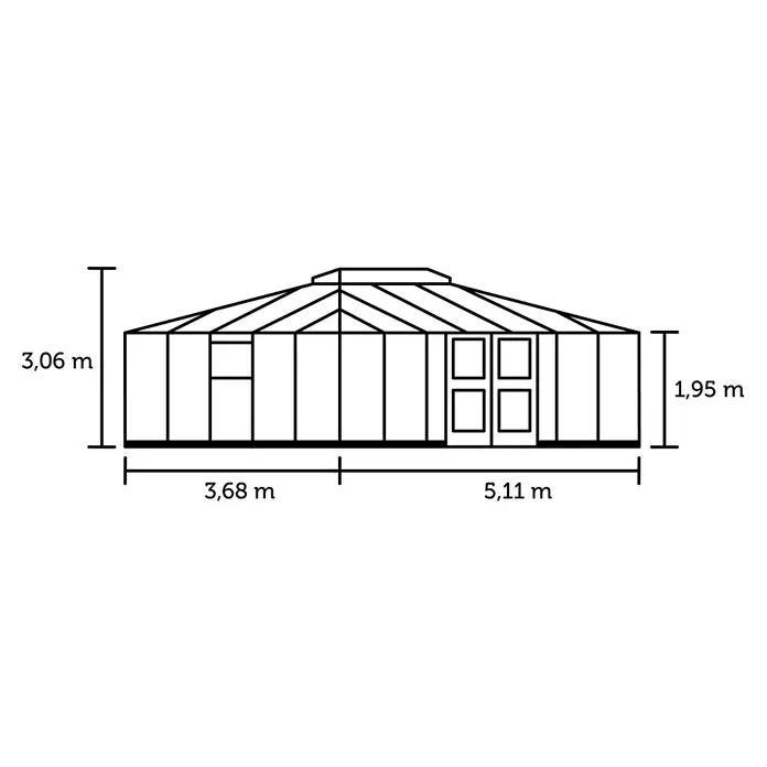 Juliana Gewächshaus Grand Oase - Außenmaß inkl. Dachüberstand (B x T): 511 x 368 cm, Material Seitenwand: Glas, 3 mm, Anthrazit - Strichzeichnung eines Gartenpavillons mit Maßen: Gesamthöhe 3,06m, Traufhöhe 1,95m, Gesamtlänge 8,79m.