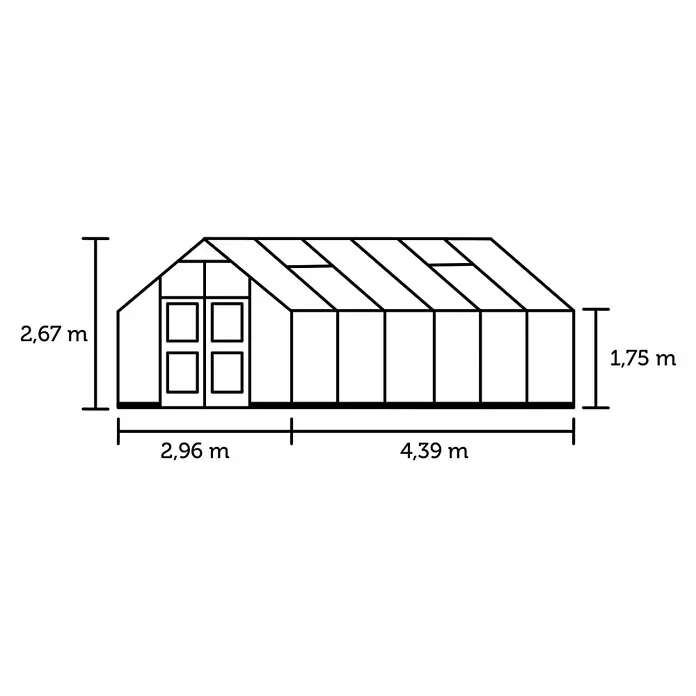 Juliana Gewächshaus Premium - Außenmaß inkl. Dachüberstand (B x T): 296 x 439 cm, 3 mm, Anthrazit, Einscheibensicherheitsglas - Skizze eines Gewächshauses mit schwarzem Rahmen und Maßen: max. Höhe 2,67m, Seitenhöhe 1,75m, Gesamtlänge 7,35m.