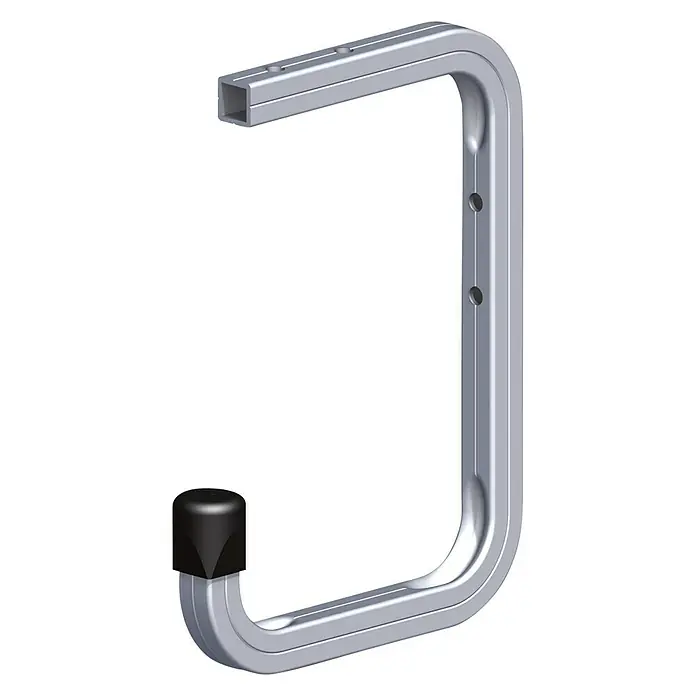 Kantoflex Coaxis Wand- & Deckenhaken - 115 x 160 mm, Aluminium, Schutzkappe, Traglast: 30 kg, Passend für: Coaxis Profile - Eine Nahaufnahme eines silbernen Garagen-Aufbewahrungshakens mit einer schwarzen Schutzkappe.
