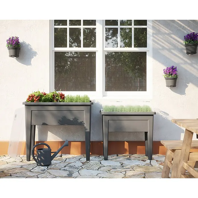 Artevasi Venezia Hochbeet - L x B x H: 80 x 39 x 69 cm, Kunststoff, Anthrazit - Nahaufnahme von zwei Pflanzkästen mit Gemüse und Kräutern, ein Bewässerungsgerät steht daneben, Topfpflanzen hängen an der Wand.