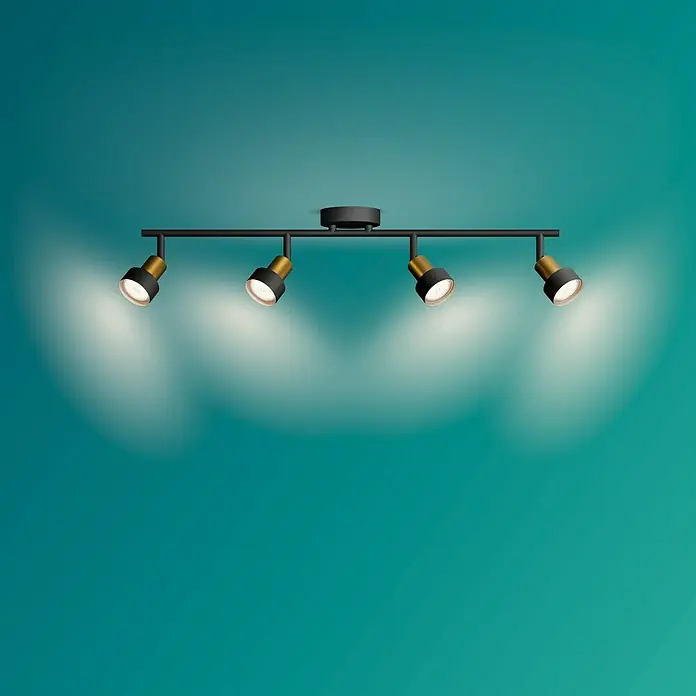Philips Regleta Conduit - 5 W, L x An x Al: 69 x 13 x 11 cm, Negro, GU10 - Lámpara de techo negra con cuatro focos dorados que emiten luz cálida, ofreciendo una solución de iluminación moderna y elegante.