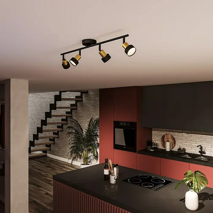 Philips Regleta Conduit - 5 W, L x An x Al: 69 x 13 x 11 cm, Negro, GU10 - Lámpara de techo negra con detalles dorados, que combina diseño moderno e iluminación dirigida. Ideal para espacios elegantes.