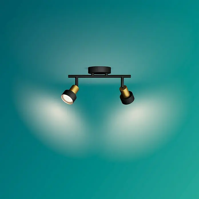 Philips Regleta Conduit - 5 W, L x An x Al: 27 x 13 x 11 cm, Negro, GU10 - Lámpara de techo con dos focos ajustables en negro y dorado, que proporciona una iluminación cálida y enfocada para una iluminación elegante.