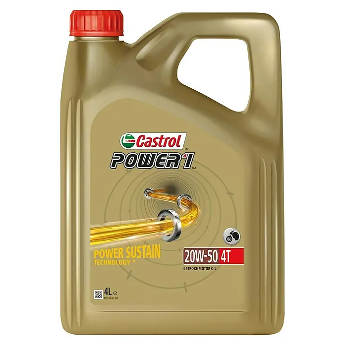 Castrol Power 1 Motoröl 4T - 20W-50, 4.000 ml - Abbildung einer 4-Liter-Flasche Castrol Power 1 20W-50 4T Motorradöl, die für eine optimale Leistung von Motorrädern sorgt.