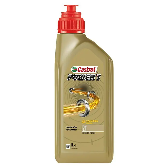 Castrol Power 1 Motoröl 2T - 1.000 ml - Castrol POWER 1 2T Motoröl in einer goldfarbenen Flasche mit rotem Verschluss. Ideal für Zweitaktmotoren und sorgt für saubere Verbrennung.