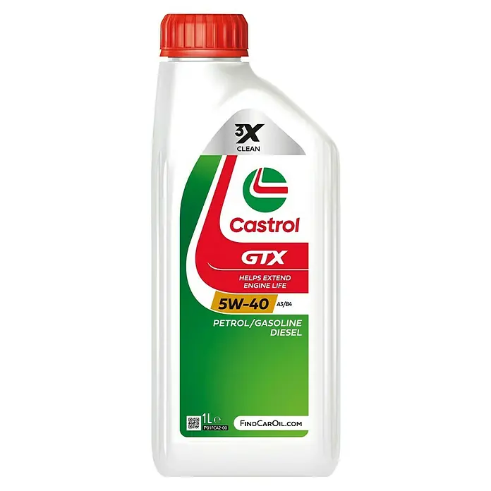 Castrol Mehrbereichsöl GTX - 5W-40, A3/B4, 1.000 ml - Abbildung einer 1-Liter-Flasche Castrol GTX 5W-40 Motoröl, das für Benzin- und Dieselmotoren geeignet ist, und die Motoren sauber hält.