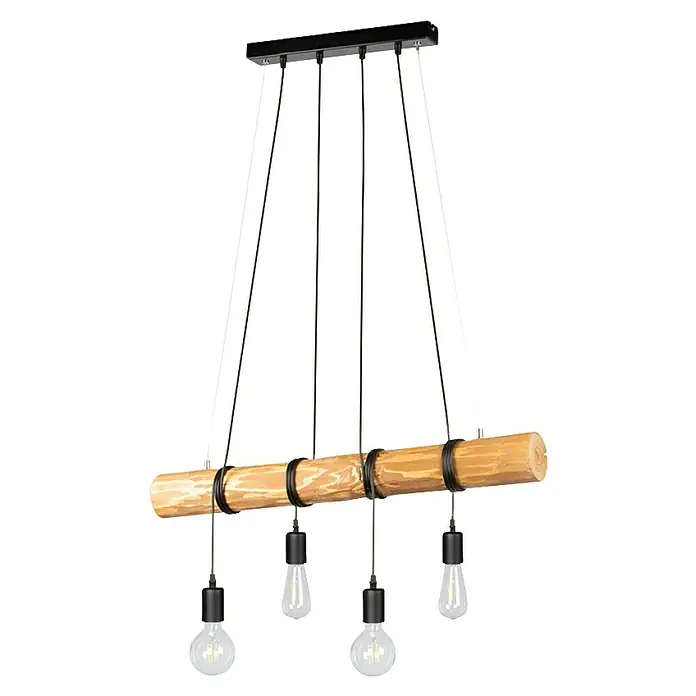 Pendelleuchte Towny - 240 W, B x L: 70 x 140 cm, Schwarz, E27 - Die rustikale Holzbalken-Pendelleuchte mit vier Glühbirnen ist ein echter Hingucker. Perfekt für Wohn- und Esszimmer, bringt sie Gemütlichkeit.