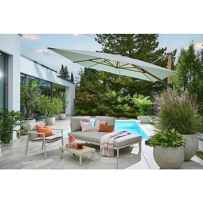 Sunfun Loungemöbel-Set Solo Rope/Capri - 5 -tlg., Aluminium/Polyrattan/Olefin, Light-Greige - Einladender Außenbereich mit Sonnenschirm, Liege und Stuhl neben dem Pool. Perfekt zum Entspannen im Freien.