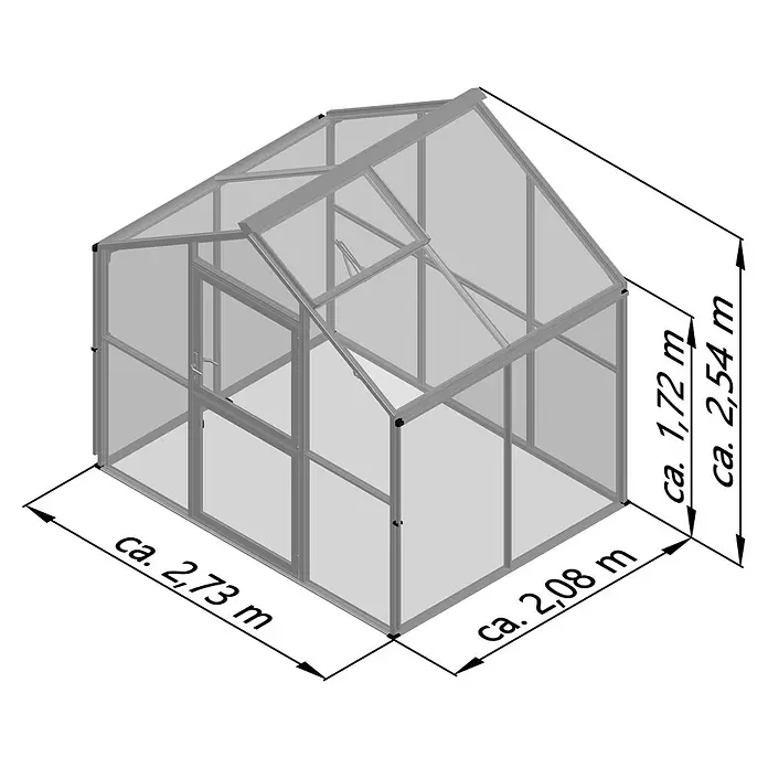 KGT Gewächshaus Novum II - Außenmaß inkl. Dachüberstand (B x T): 273 x 208 cm, Material Seitenwand: Glas, 4 mm, Tannengrün - Giebelgewächshaus mit grauem Aluminiumrahmen und transparenten Platten, inklusive ca. Maßen.