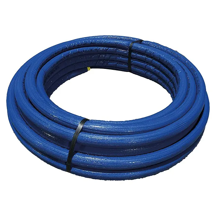 Alu-Verbundrohr Vorisoliert - Durchmesser: 16 mm, Länge: 50 m - Blauer PRO-FLEX-Gasschlauch in einer Rolle, befestigt mit zwei schwarzen Bändern. Ideal für Gasinstallationen.